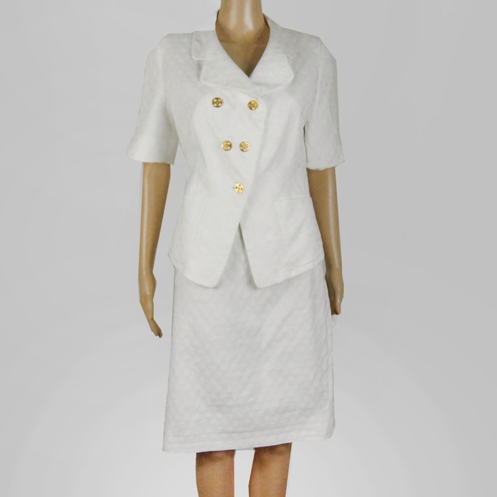 Vintage Louis Feraud White Polka Dot Short Sleeve Blazer Skirt Set